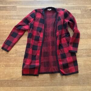 Croft & Barrow red black buffalo plaid open front sweater size small S
 b18